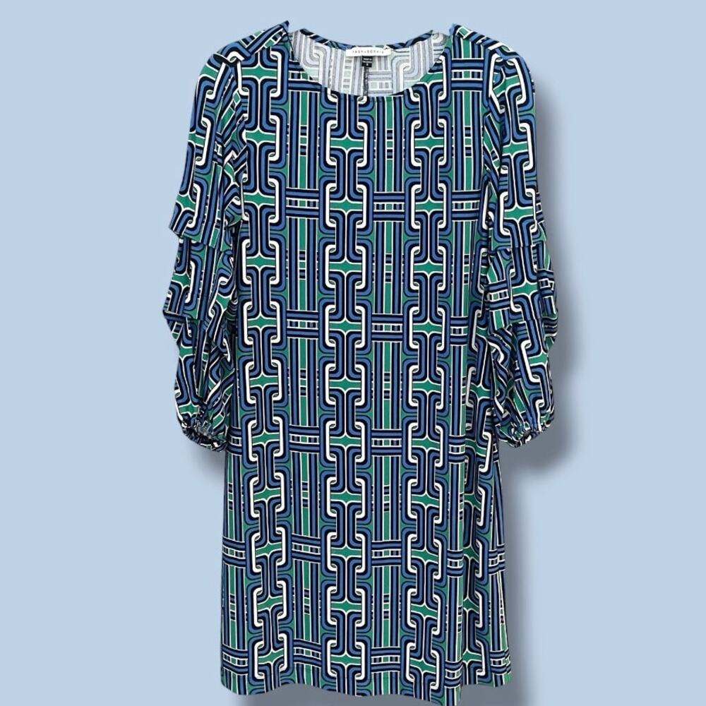 Tash + Sophie Green Geometric Link Print Ruched Sleeve Shift Dress Small NWT